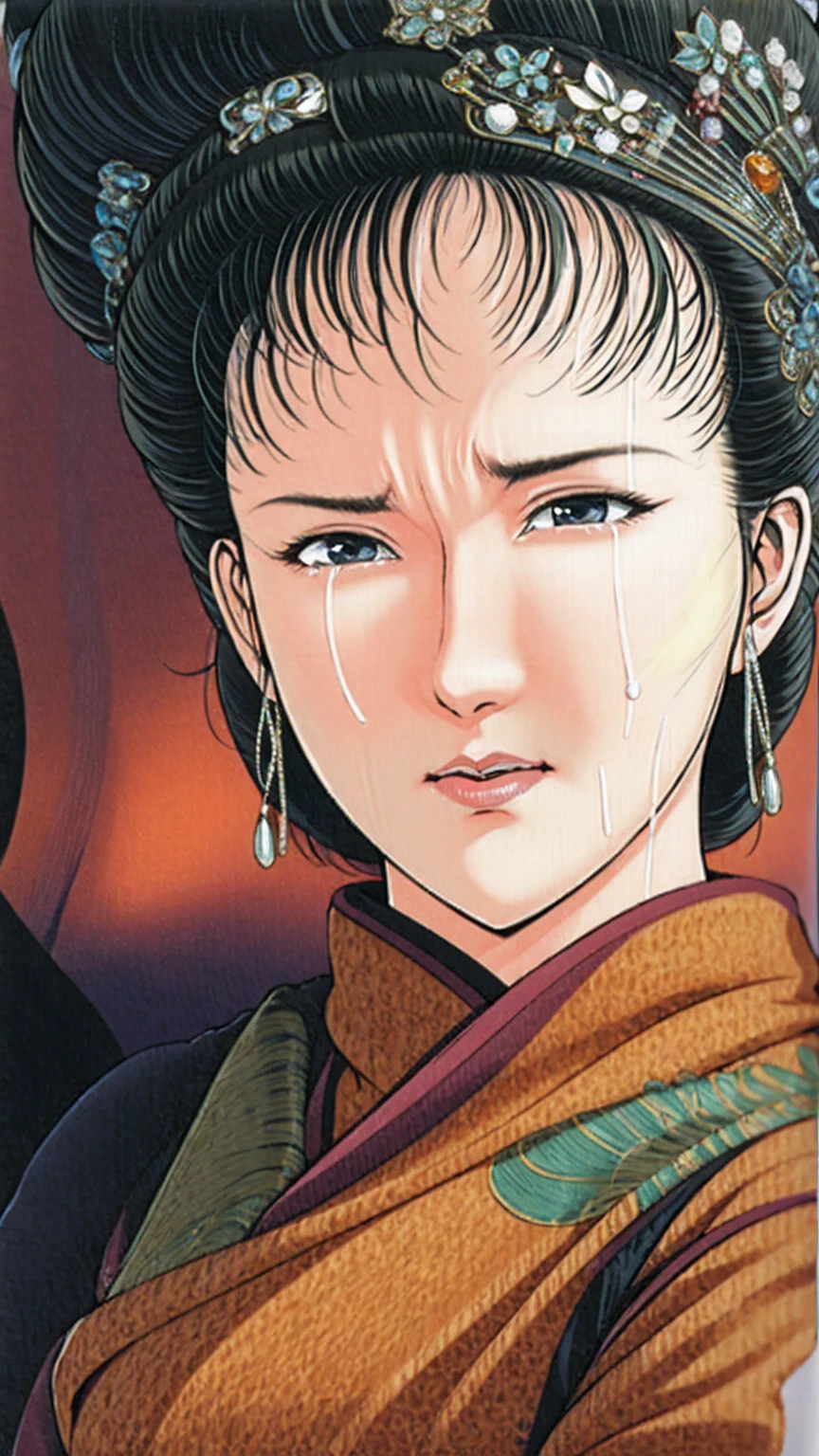 (best quality), (very aesthetic), (ultra-detailed), (best illustration),(a mature female),(perfect face),Suikoden,Mrs. Lin,(((NSFW))),((full_body)),((full_Nude)),(crying),Covers mouth with right hand,red cheek,sweating,skinny,flushed skin,(hairly),(Missionary position sex),(resting the back of her head on a pillow),(She is lying on her back completely naked),traditional Chinese bedroom,over head view