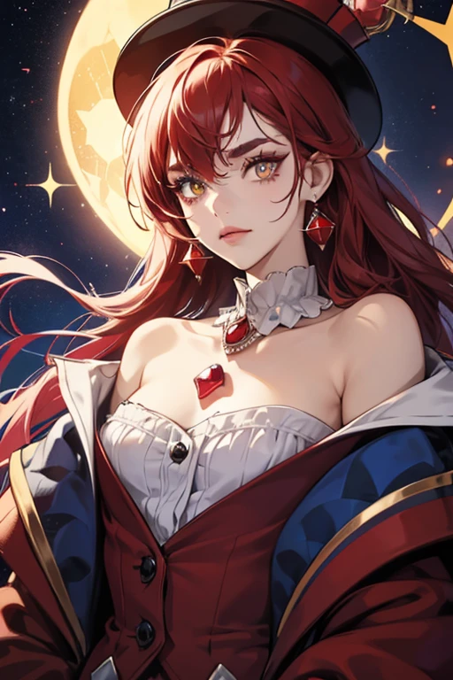she is a tall clown with a red and blue clown suit with a blue and a red diamond drawn on each side, as well as a collar that has blue and red triangles on the sides with the top and bottom of the collar being white. sHe also seems to have a red and white face as well as a small black top hat. sHe also has yellow eyes with black pupils, red and blue eyebrows, a long red nose, and short eyelashes. SPARKLE; GLITTER