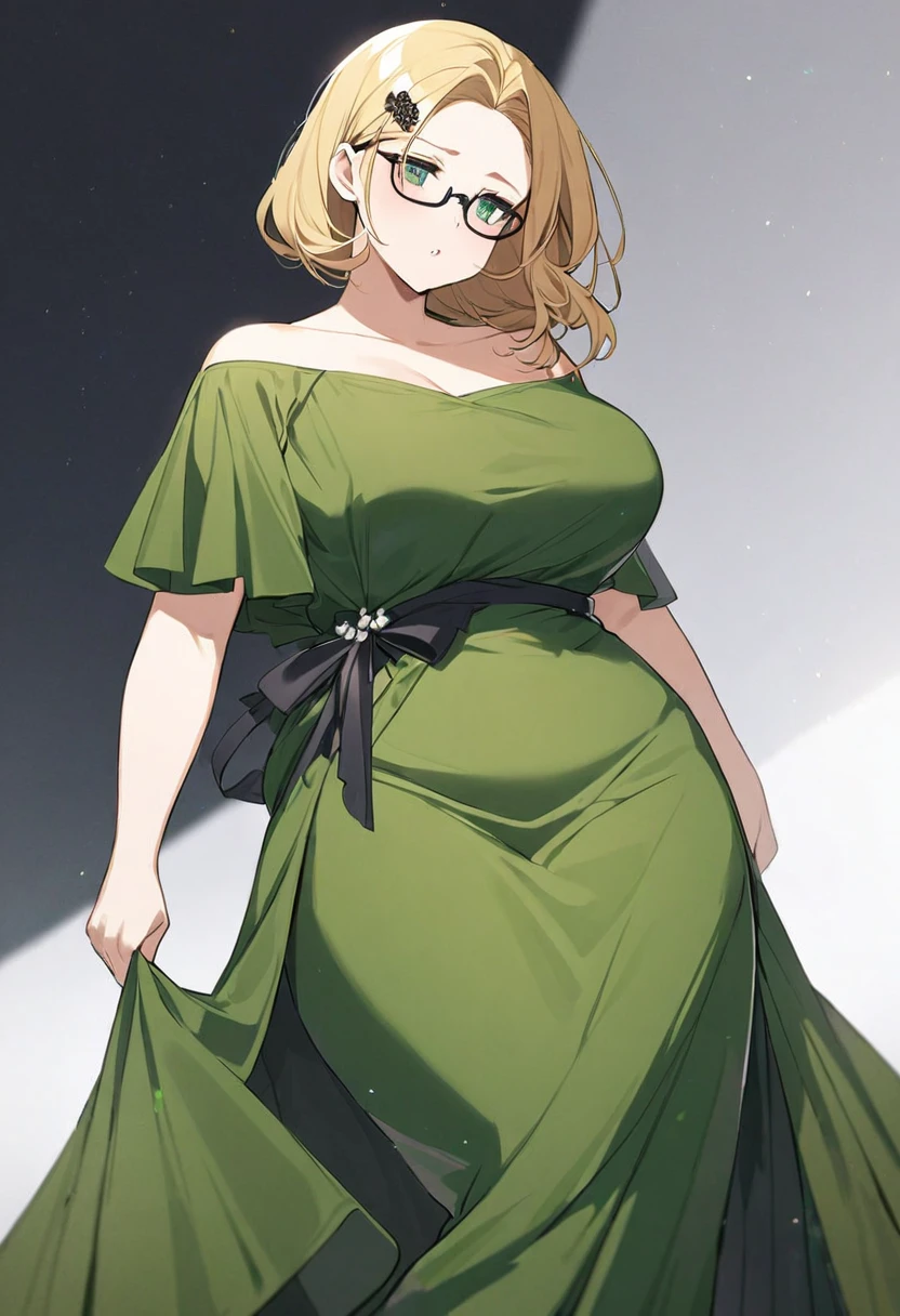 chubby girl, blonde, green eyes, medium length hair, black square-rimmed glasses, open forehead, no bangs
long dress, green dress, Beautiful dress, elegant
red hairpin, a hairpin in the hair