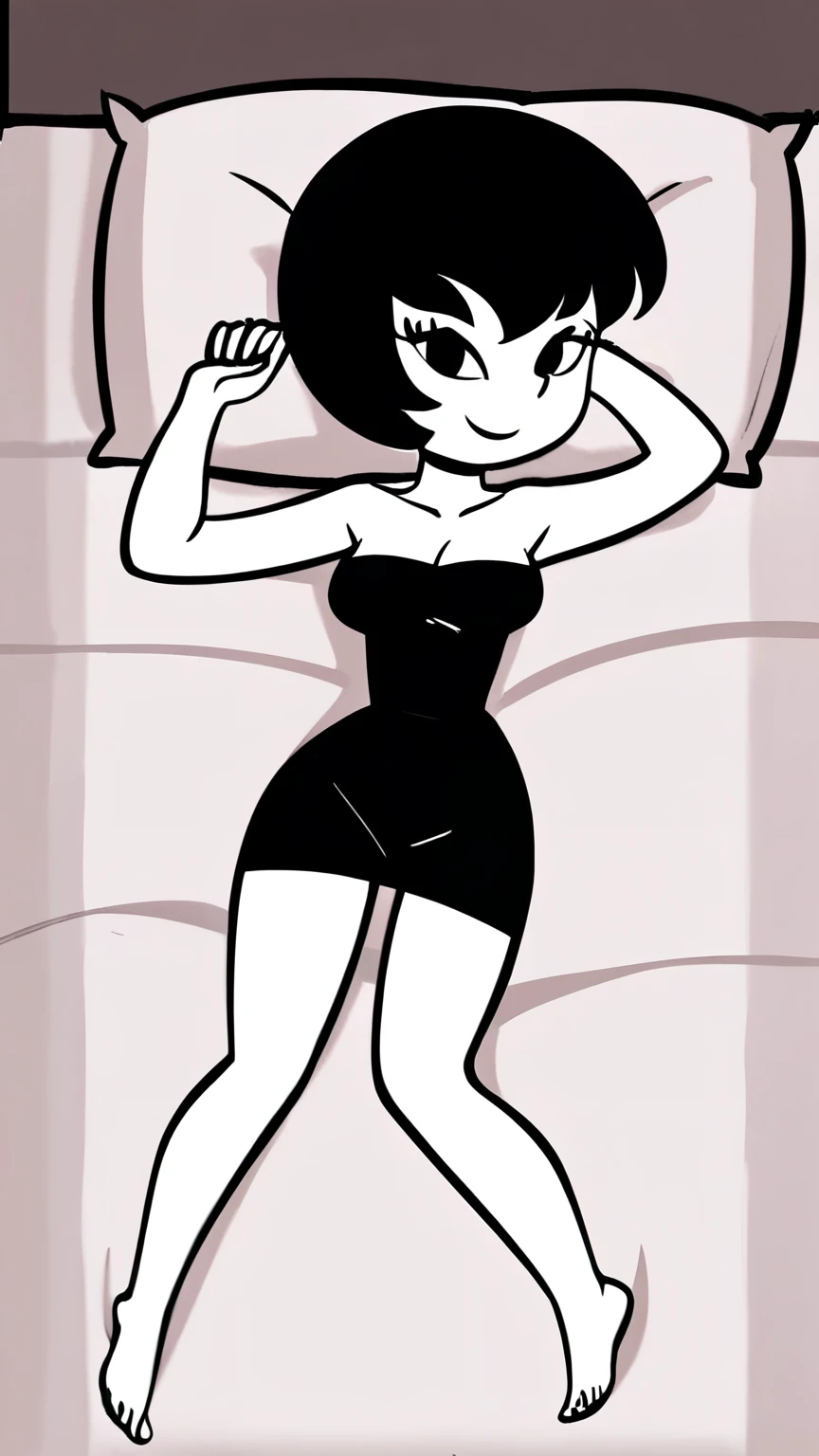 Jucika, digital media, black eyes, black hair, short hair, flat color, flat graphic style, white skin, zPDXL, best quality, amazing quality, score 9, 1girl, collarbone, strapless black tube dress, black chocker, seductive smile, looking at viewers, black high heels, lying in bed, cowboy shot