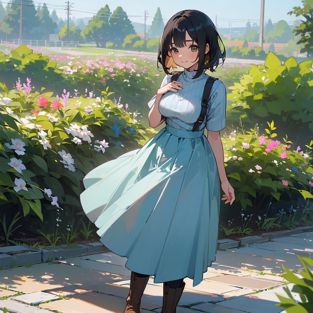 (high quality, High resolution, Very detailed, reality:1.37), Peaceful atmosphere, (Outdoor, garden), age girl standing alone, (my breasts are big.), Beautiful details, Cute Smile, (Black bob hair), Short sleeve ribbed sweater, Blue Skirt, Black tights, Brown boots.