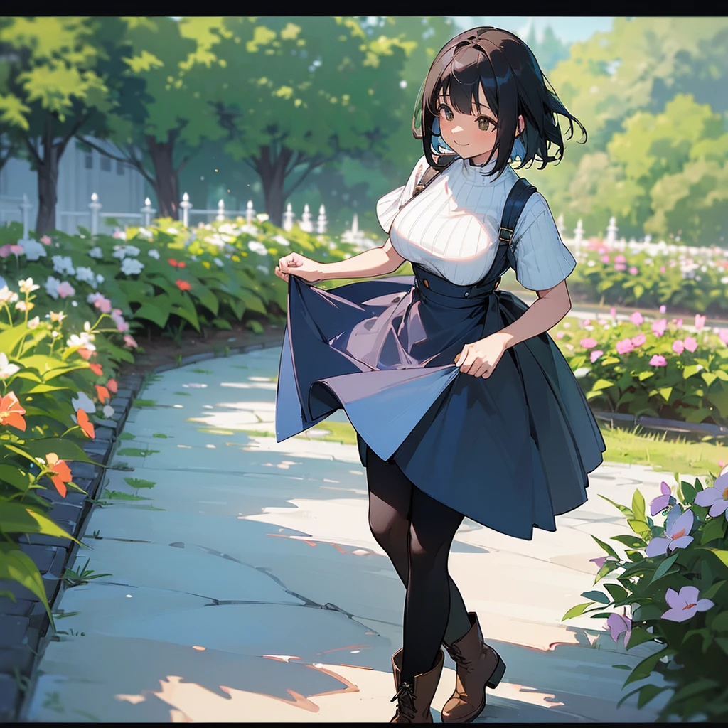 (high quality, High resolution, Very detailed, reality:1.37), Peaceful atmosphere, (Outdoor, garden),  girl standing alone, (my breasts are big.), Beautiful details, Cute Smile, (Black bob hair), Short sleeve ribbed sweater, Blue Skirt, Black tights, Brown boots.