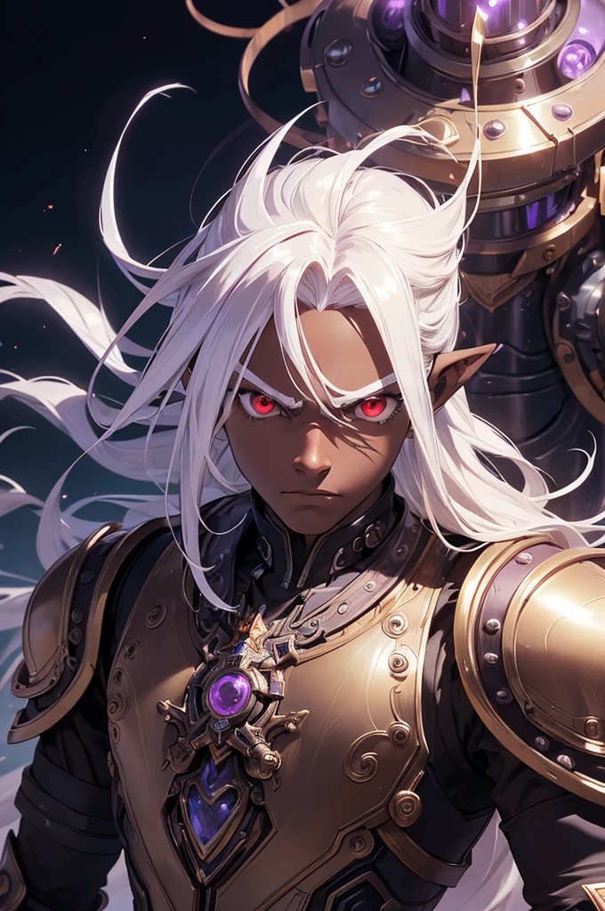 ((best quality)), ((masterpiece)), (detailed), ((boy)), ((mechanical armor)), (steampunk), (serious), dark skinned, human, upper body, portrait, red eyes, long white hair, Xemnas from Kingdom Hearts, half-drow, pointy ears, serious face, dramatic lighting, purple hue, art by Kinema Citrus and Tetsuya Nomura
