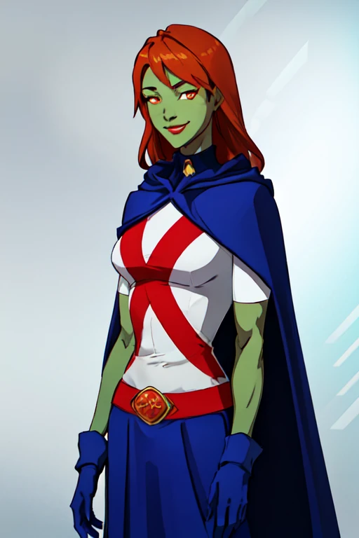 8k,highres,absurdres,masterpiece,best quality,original,extremely detailed CG,extremely detailed wallpaper,perfect, MissMartianYJ, girl1, solo, orange eyes, green skin, hair, White shirt, red X logo, blue gloves, blue cape, long cape, short sleeves, blue skirt, smile. Park