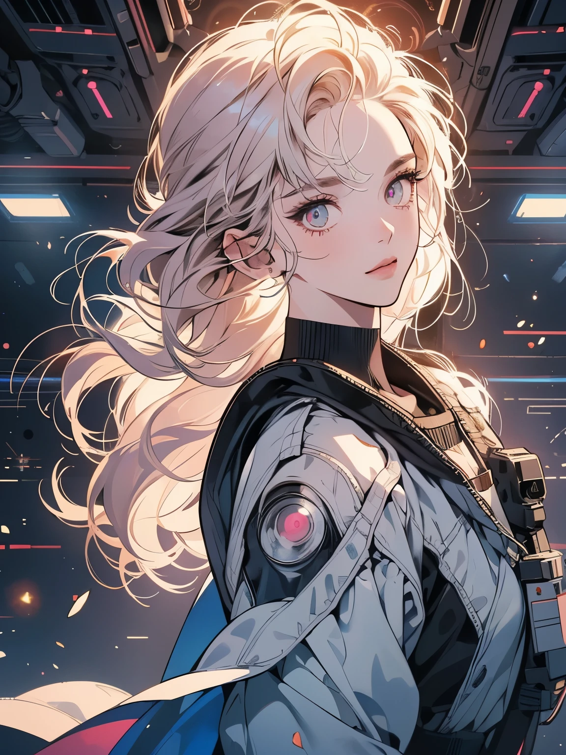 One beautiful woman, inside a spaceship, perfect machine, spacesuit, looking at camera, perfect face, zero gravity, outer space, lots of wires, switchboard, perfect and detailed machine, robot, detailed hair, (((Various angles))), cockpit, most beautiful woman alive, head shot , Super detailed background, top quality, Unique and beautiful eyes, Various unique hairstyles, Ghost in the Shell, Long shot, Panorama, (((Various eye color))), Various hair color, sparkling eyes,Outer space in the background, Unique and perfect face, Pale Lighting, shoot from above, (((ground level shot))), pink, (((almond eyes))), (((stylish)))