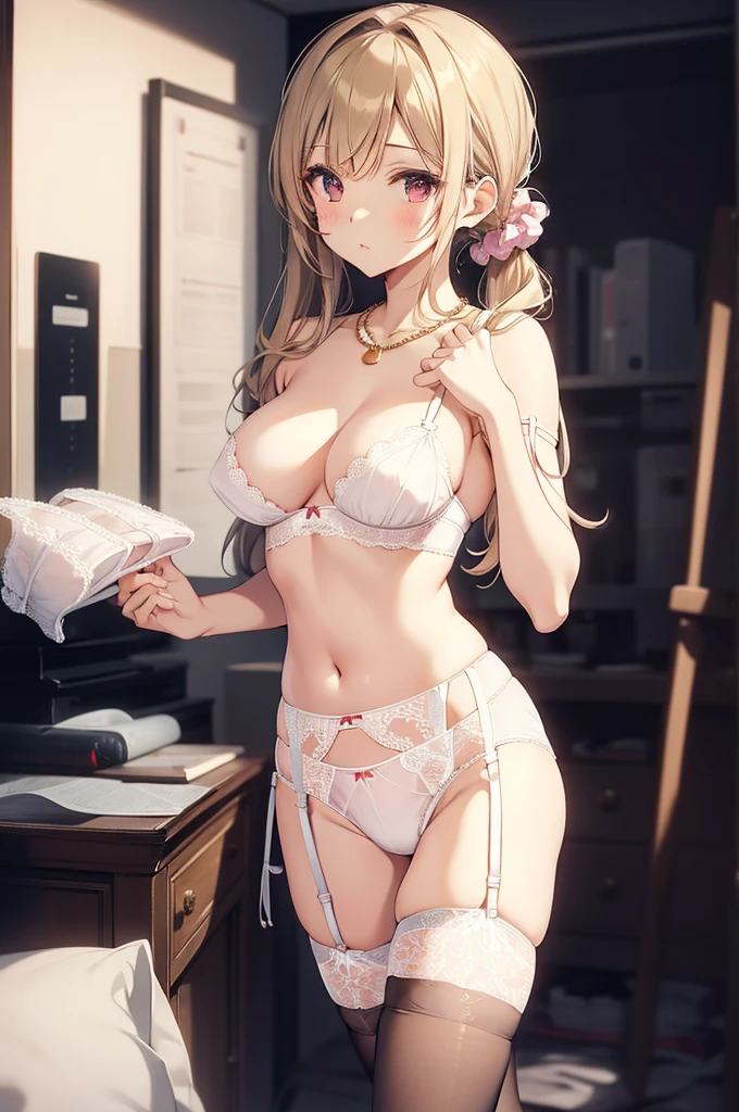 masterpiece, Highest quality, Cute Mature Woman,Small breasts that are just beginning to grow, Scrunchie hair ornament, Twin tails,Large areola,Nipples,plain cotton panties,hoodie,,Patterned knee socks, Gold Necklace, skinny , Nipples,((showing off lace panties)),(Nipplesが透けて見える)), (tube top:1.3), (garter belt:1.3), (panties:1.3), (stockings:1.3),