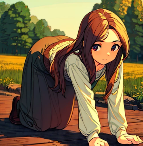 A girl on all fours, in the style of classic oil painting, realistic details, soft brushstrokes, warm color palette, serene expression, --s 120
