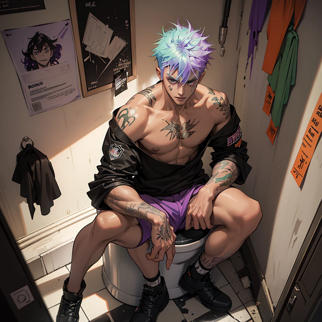 Detailed and bold illustration of a young man with spiky, bleached hair dyed with green and purple streaks. He is sitting on a toilet in a dimly lit and dirty bathroom. He wears red soccer shorts and has an English flag hanging over his shoulder. The character has numerous tattoos and graffiti-like markings on his body, including the number '19' on his left thigh. He holds a black pot filled with anthropomorphic carrots with exaggerated facial features. The bathroom walls are covered in graffiti, scribbles and meaningless messages. The sink is full of items and the lighting creates deep shadows to emphasize the surreal and gloomy atmosphere.