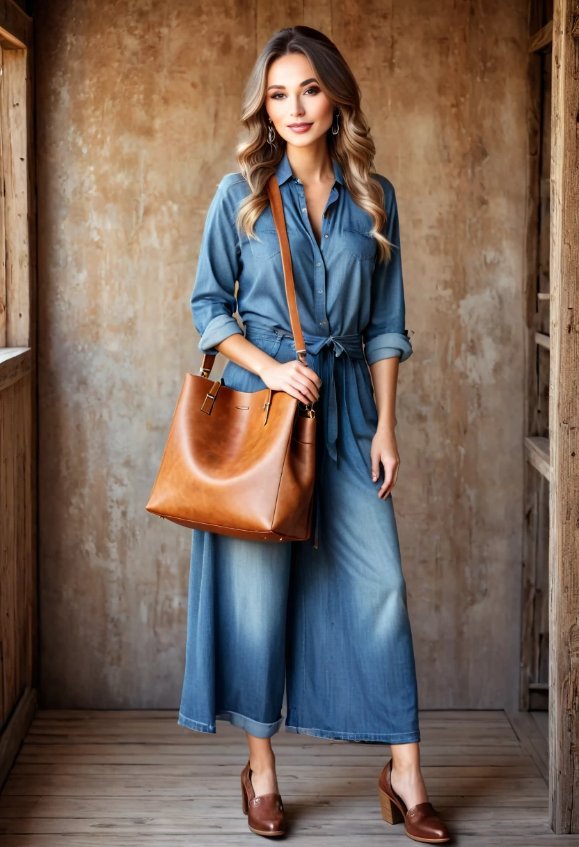 Beautiful woman, beautiful style ,Rustic style, full length , accessories ,bag