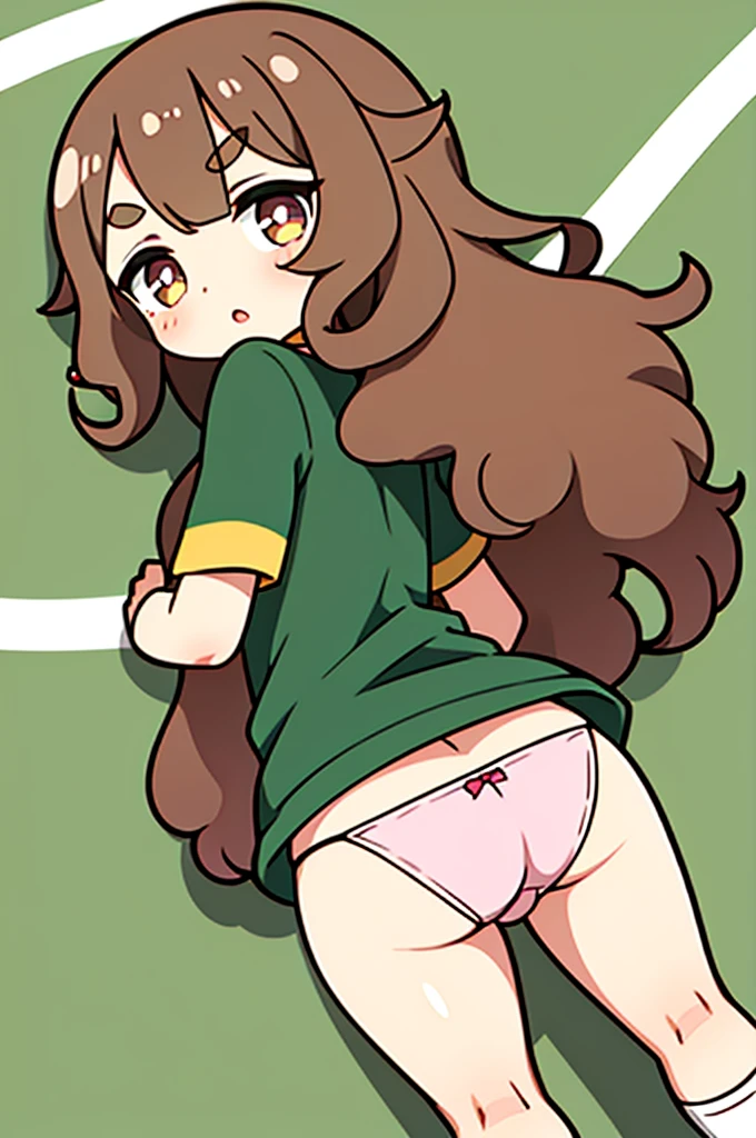 18 year old girl, large eyes, big eyelashes, thin eyebrows, half full cheeks, thick lips, brown and curly hair, Brazilian football shirt with the number 10 dorsal, showing the ass, pink panties, long white socks