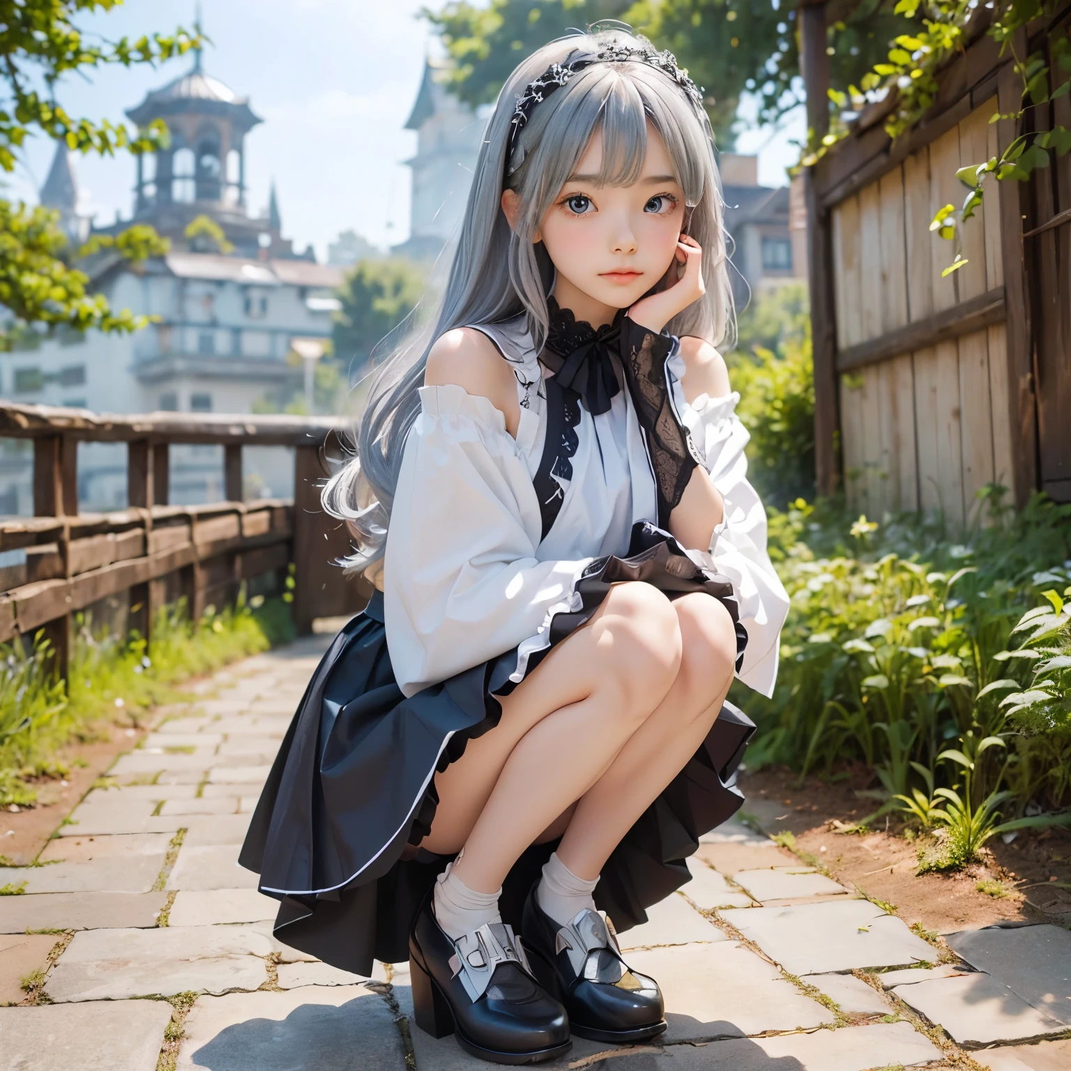 detailed face, cute face, ((masterpiece)), (Highest quality))), (Character design sheet, National costume, same characters, front, ~ side, return), figure, 1 girl, whole body, Silver Hair, eyes hair, Beautiful Eyes, Princess Cut, Environmental change scene, Short skirt, Shyness, woman, girl, Are standing, Gothic ta, VTuber, Chartern Betarola, (simple returnground, white returnground: 1.3) ( masterpiece:1.2), (Highest quality:1.3), (Hands on knees) , Leaning forward