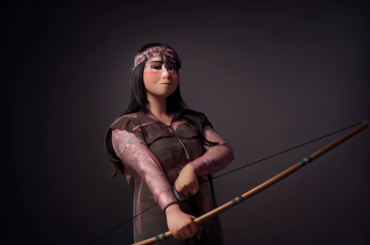 a chubby ''woman'' holding a birthday cake, with pink blouse, black pants, 4k, high resolution, happy, looking north, black hair, black eyes with a ''triangular birthday hat''
