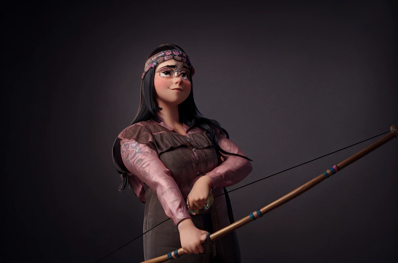 a chubby ''woman'' holding a birthday cake, with pink blouse, black pants, 4k, high resolution, happy, looking north, black hair, black eyes with a ''triangular birthday hat''