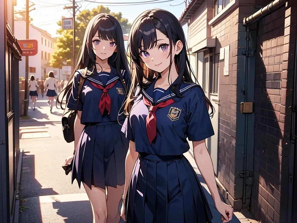 body 8 times longer than head, (Highly detailed CG unity 8k), (highest quality)(very detailed)(ultra high resolution), High school girl wearing a navy sailor suit, Anime 2D rendering, realistic young anime high school girl,light smile, purple eyes, small breasts, tall, slanted eyes, school scenery, bright color, Dark blue skirt,