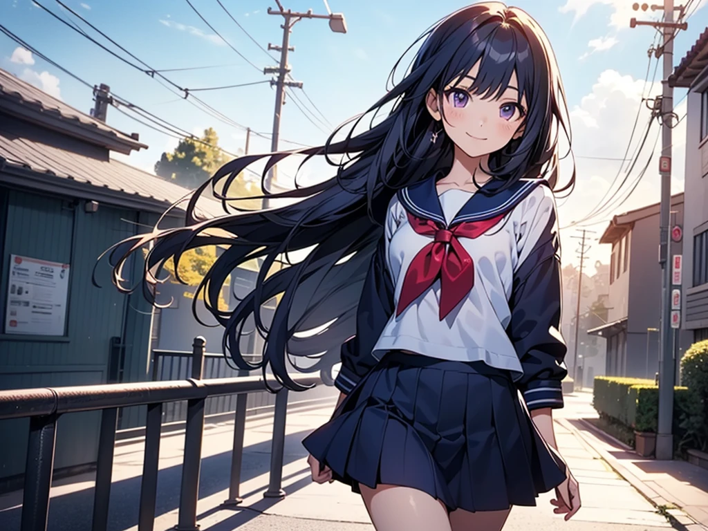 body 8 times longer than head, (Highly detailed CG unity 8k), (highest quality)(very detailed)(ultra high resolution), High school girl wearing a navy sailor suit, Anime 2D rendering, realistic young anime high school girl,light smile, purple eyes, small , tall, slanted eyes, school scenery, bright color, Dark blue skirt,