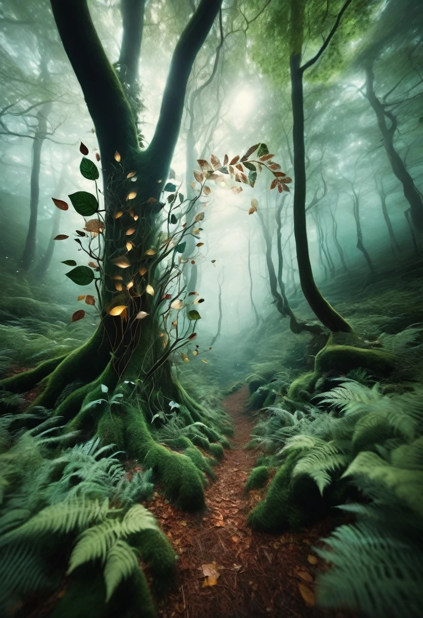 "Create an imaginative artwork of a interacting with a forest, where the is engaging with the environment in a creative and artistic way, perhaps painting the trees, creating a leaf sculpture, or visualizing the forest as a whimsical, dreamlike landscape."