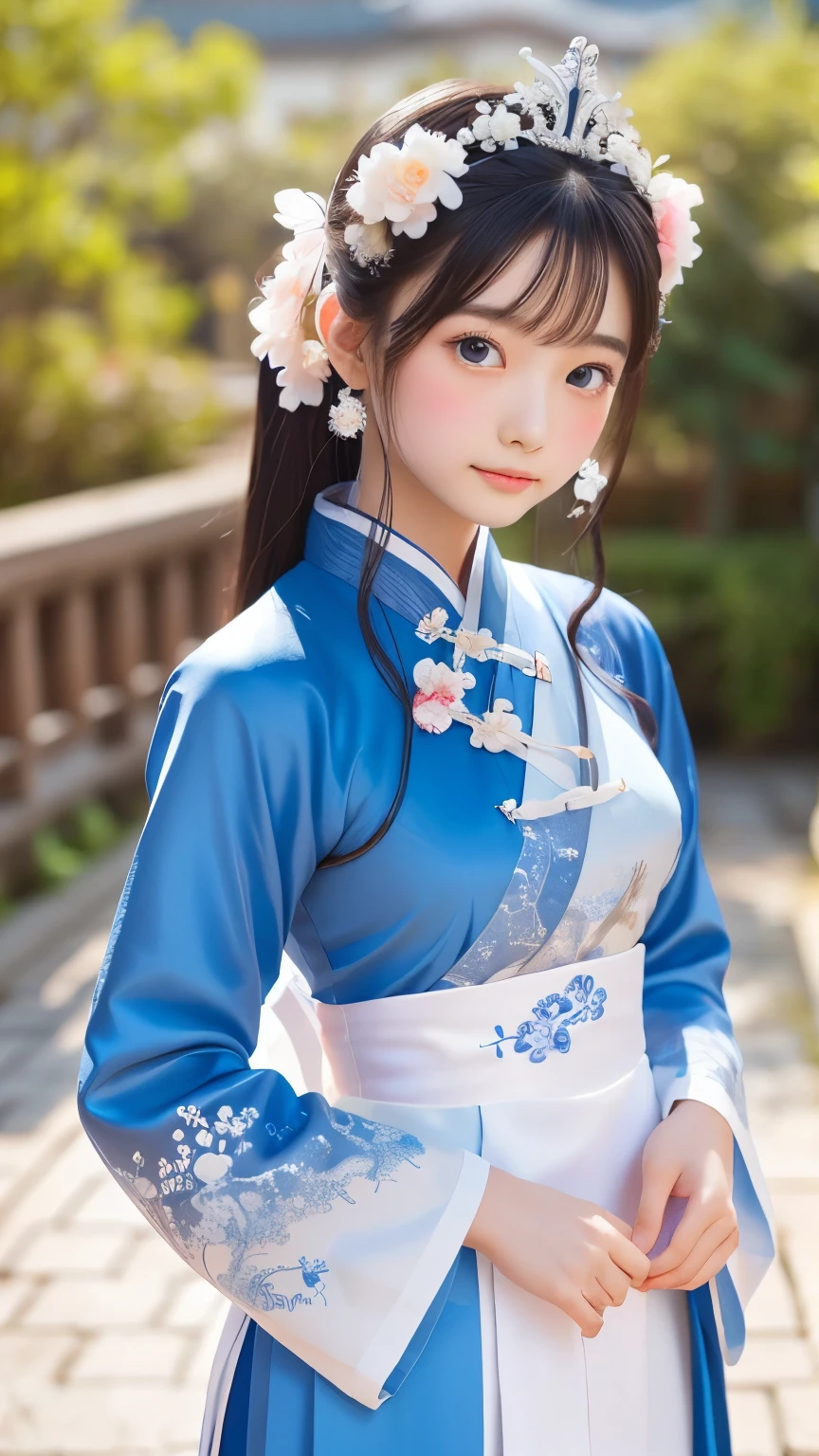 A woman in a blue and white dress with flowers in her hair, Hanfu, palace, girl in Hanfu, blue Hanfu, white Hanfu, Wearing ancient Chinese costumes, ((Beautiful fantasy queen)), ancient Chinese Princess, Chinese style, Chinese traditional clothing, Ancient Chinese Clothing, Beautiful fantasy queen, Chinese Princess, Traditional beauty,
