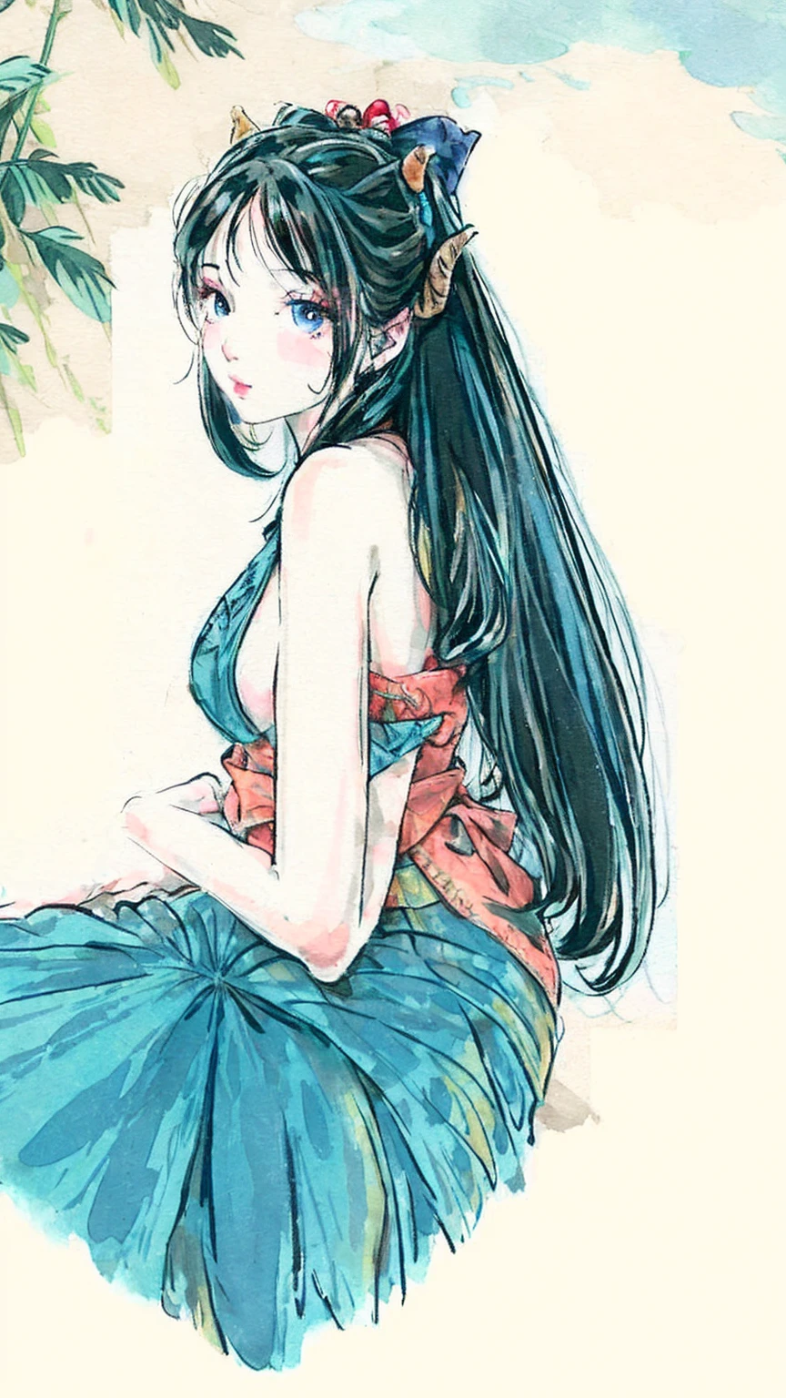 Lum, long hair, breasts, blue eyes, green hair, horns, strapless, makeup, eyeshadow, ((4K,masterpiece,Best quality)), Shuimobysim, traditional chinese ink painting, lotus, Hanfu, Maxiskit, Dress conservatively, Fish, look at the viewer, tease,one-shota,