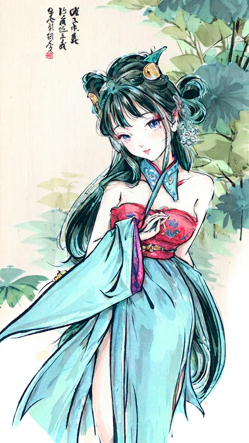 Lum, long hair, breasts, blue eyes, green hair, horns, strapless, makeup, eyeshadow, ((4K,masterpiece,Best quality)), Shuimobysim, traditional chinese ink painting, lotus, Hanfu, Maxiskit, Dress conservatively, Fish, look at the viewer, tease,one-shota,