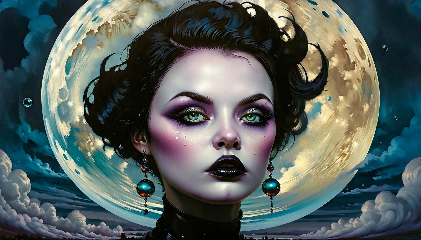 In a dark whimsical, starkly cartoon world, a kaleidoscope of flying objects swirls against surreal macbre landscapes, inspired by the ethereal sounds of death rattles.Gentle mews and horrific fantasy converge as vibrant colors, dark matter and exaggerated shapes come alive. A visceral realm unfolds, reminiscent of HP Lovcrafts mythos, Broms distinctive art style. Against a backdrop of angrily moody clouds and falling bubble drip skies, photorealistic concept art by Karol Bak and Brad Kunkle captures the magic and mysteries of this world in motion. (art inspired by dark Goth Neo Traditional). oil painting) Hyperstylized, hyper detailed, hyper surrealistic insanity