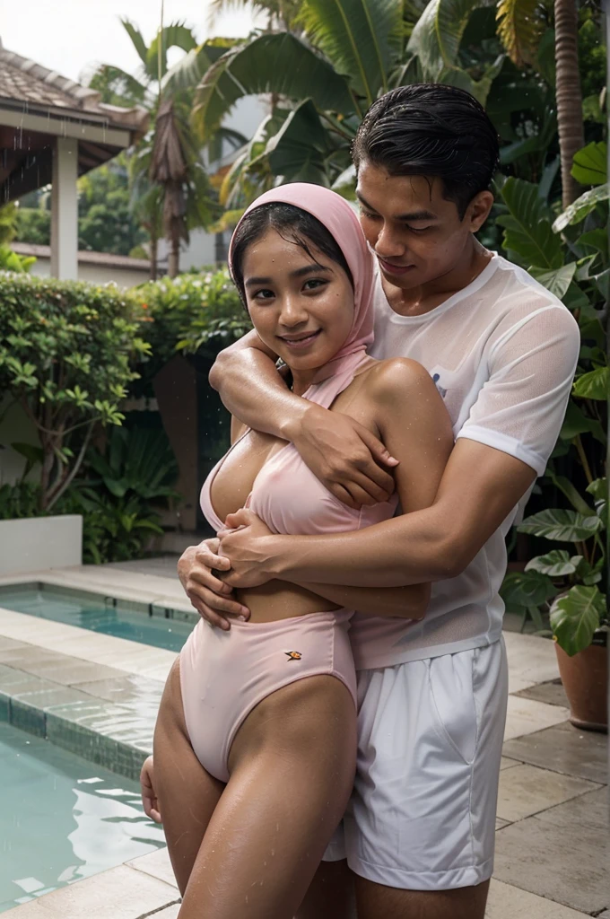A young Indonesian couple, 25 years old, was relaxing and playing in the rain in the swimming pool behind the cafe. The man had a tattoo on his chest and white sports shorts. Dark brown skinned hijab woman, beautiful body, wearing a transparent pink swimsuit, man hugging woman from behind touching chest, satisfied face, hands raised with a happy expression.