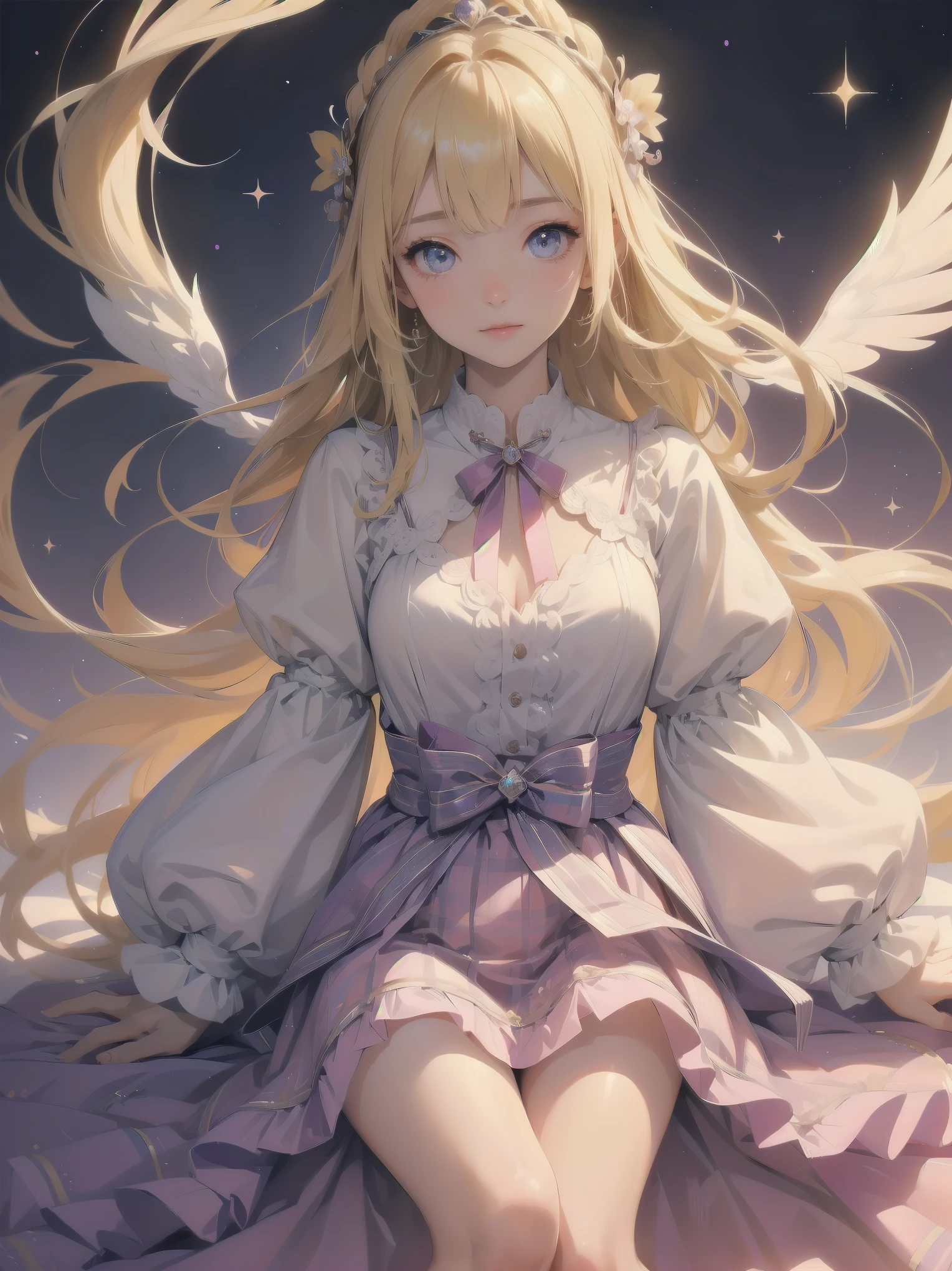 ((傑作 Highest quality:1.4)), ((Tabletop, Highest quality)), (8K quality), (Detailed Background:1.3), (Detailed face:1.3), (Cute age Girls, alone),Beautiful portrait、Delicate body、Frilled blouse,Long Check Skirt,Vintage, Long blonde hair,Cinematic Light,A small smile,Tilt your head、Lying in a fluffy bed、sunlight、Shaking breasts、、Nipples、((She spreads her legs wide to show her pussy))、Flip Skirt、High class clothing、Rainbow glow, Beautiful sparkle,
