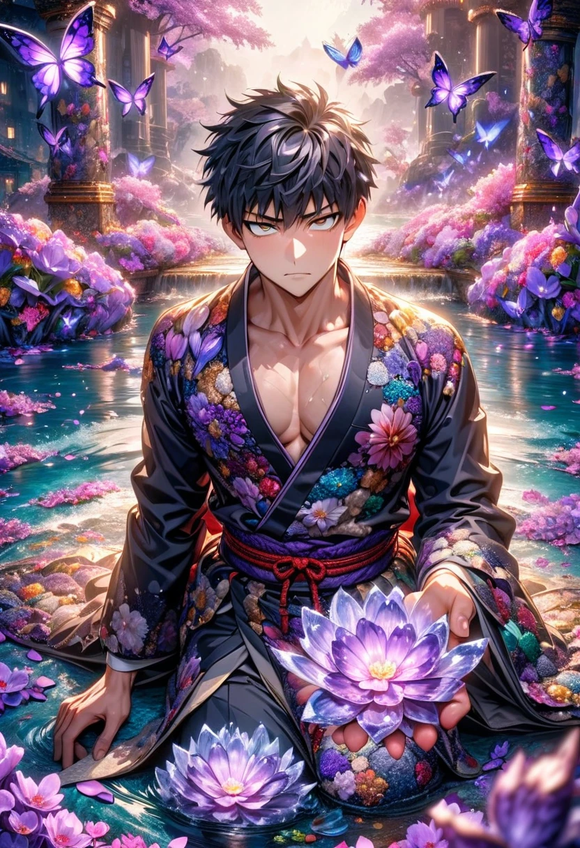 absurdres, highres, ultra detailed, HDR, master piece, best quality, Kageyama Shigeo, black hair, expressive brown eyes, mob psycho 100, solo, sexy man, handsome, Japanese uniform, magical, fantasy, shining, water, purple flowers, purple blossoms, purple butterflies, purple petals