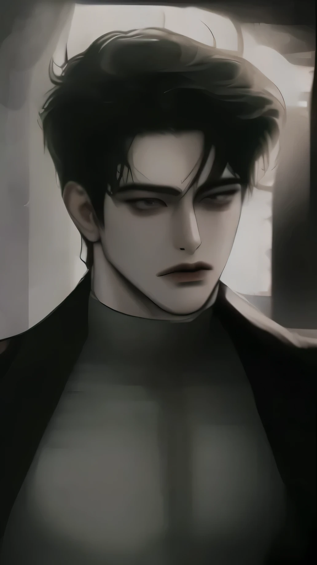 a muscular anime man with long black hair, green , butler , servent , eyes, serious expression, wearing a neat and clean suit, holding a tray of wine and food, standing in a palace room, (best quality,4k,8k,highres,masterpiece:1.2),ultra-detailed,(realistic,photorealistic,photo-realistic:1.37),portrait,high-end,detailed lighting,chiaroscuro,cinematic,elegant,luxurious,regal