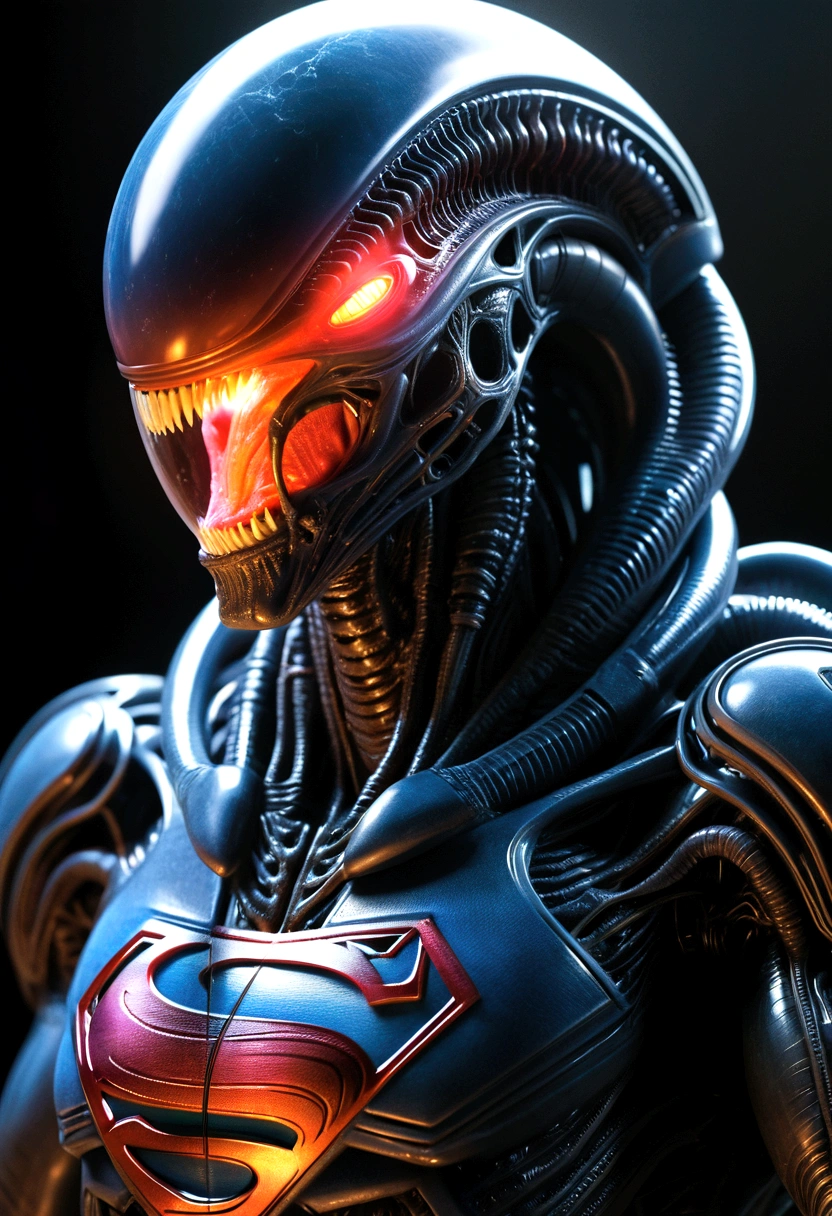 (((Extremely Close-up Xenomorph Alien the Eighth Passenger - Wearing Superman's Suit)), Terrifying, Surreal, and Cinematic Images, Color Splash, High Quality Detail, Ultra Detailed, Photorealistic, (Hyper-realistic Color Depth), Realistic Texture, Full Body Portrait, (Head and Chest Focus), (Translucent Alien Skin Beneath the Suit), (Superman's Symbol Glowing Brightly), (Cinematic Lighting - Dramatic Contrast), Mechanical Alien