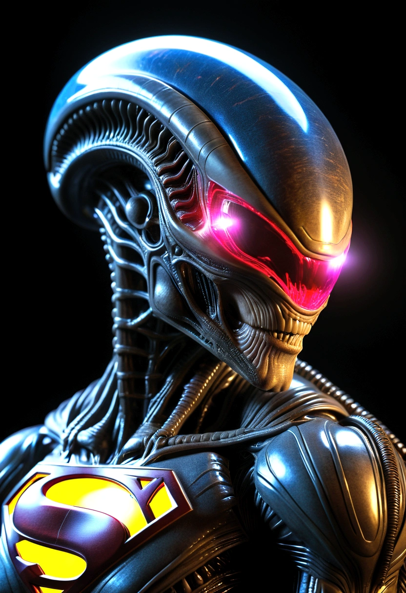 (((Extremely Close-up Xenomorph Alien the Eighth Passenger - Wearing Superman's Suit)), Terrifying, Surreal, and Cinematic Images, Color Splash, High Quality Detail, Ultra Detailed, Photorealistic, (Hyper-realistic Color Depth), Realistic Texture, Full Body Portrait, (Head and Chest Focus), (Translucent Alien Skin Beneath the Suit), (Superman's Symbol Glowing Brightly), (Cinematic Lighting - Dramatic Contrast), Mechanical Alien