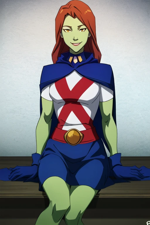 8k,highres,absurdres,masterpiece,best quality,original,extremely detailed CG,extremely detailed wallpaper,perfect, MissMartianYJ, girl1, solo, orange eyes, green skin, hair, White shirt, red X logo, blue gloves, long blue cape, short sleeves, blue skirt, smile, sitting
