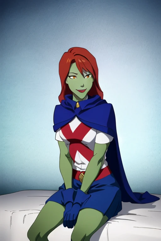 8k,highres,absurdres,masterpiece,best quality,original,extremely detailed CG,extremely detailed wallpaper,perfect, MissMartianYJ, girl1, solo, orange eyes, green skin, hair, White shirt, red X logo, blue gloves, long blue cape, short sleeves, blue skirt, smile, sitting 