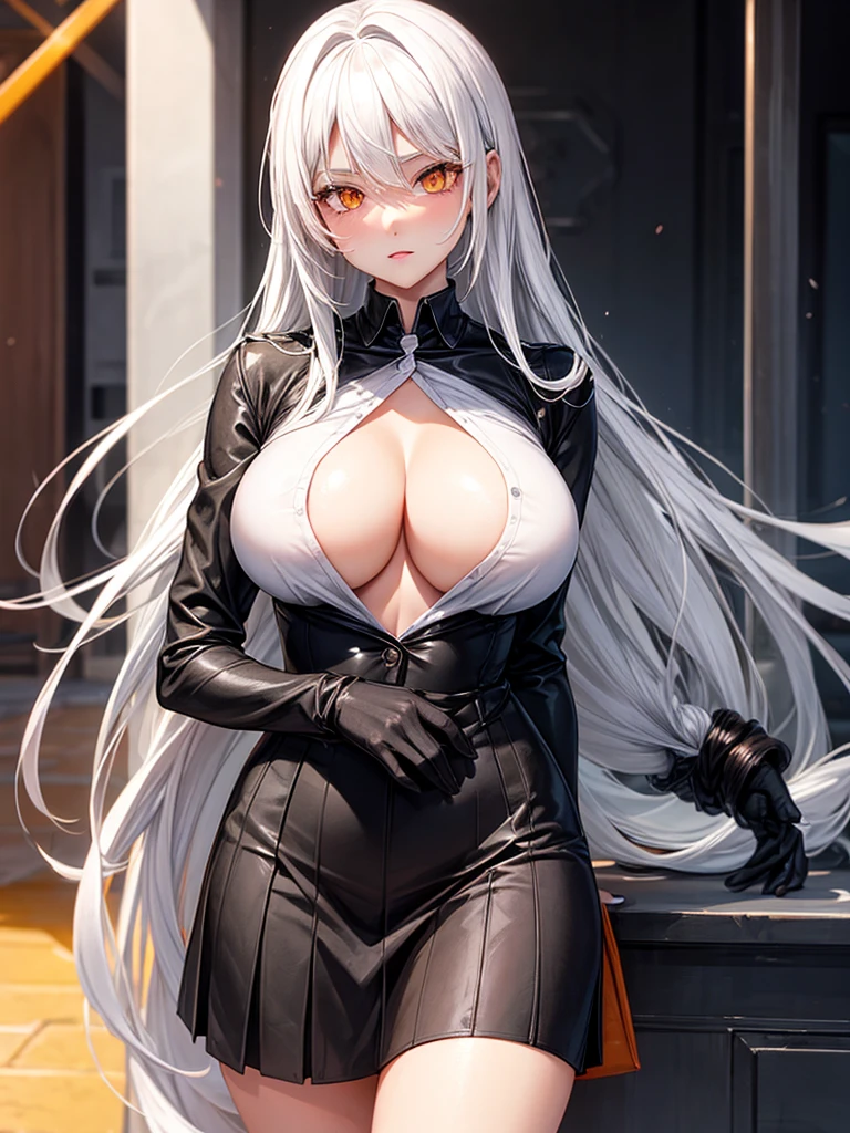 Hot woman, white hair, orange eyes, black school clothes, big tits
