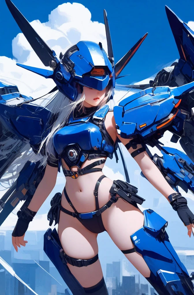 ((celluloid)),The background is a war-torn battlefield，破碎的Mecha组成的废墟，Mecha musume,a woman in a futuristic outfit is floating in the air and sword in her hand and sky and clouds and blue background with white clouds and blue and orange lines and white,and,Joseph Stella,Mecha,portrait,Rayonism,