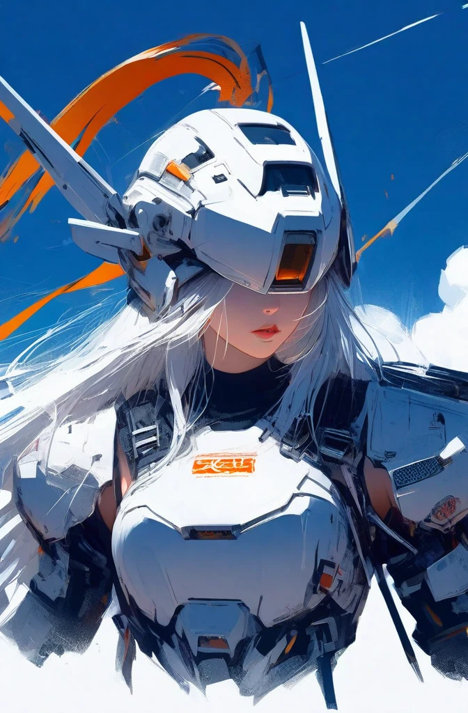 ((celluloid)),The background is a war-torn battlefield，破碎的Mecha组成的废墟，Mecha musume,a woman in a futuristic outfit is floating in the air and sword in her hand and sky and clouds and blue background with white clouds and blue and orange lines and white,and,Joseph Stella,Mecha,portrait,Rayonism,