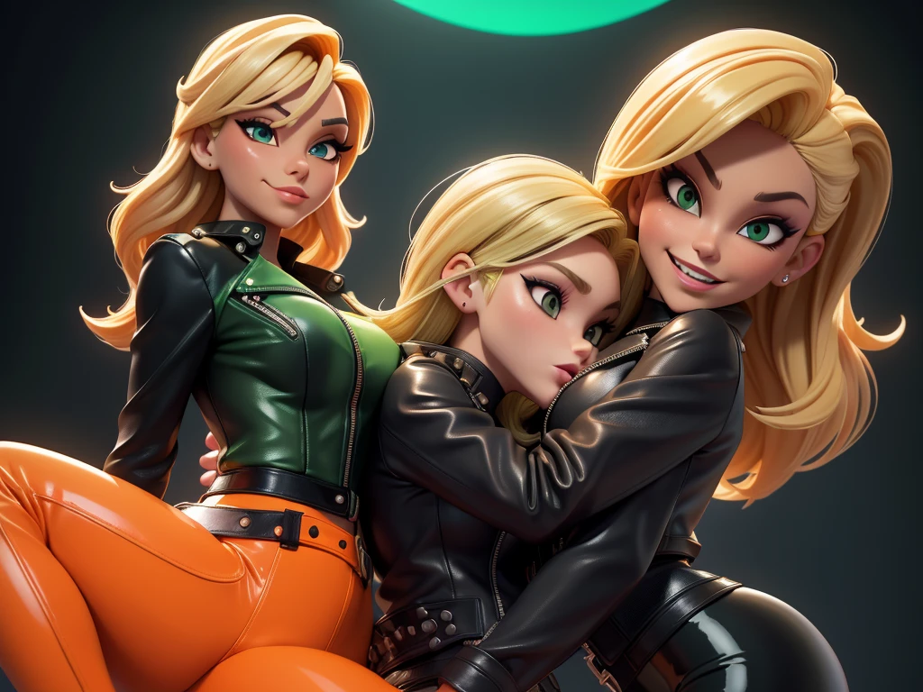 obra prima, melhor qualidade, ((barbra streisaand, blonde hair)) head back, sassy wicked, open mouth, big teeth smile, thick smoky black eye shadow, long fake eyelashes, sultry eyes, ((dark orange leather biker jacket,)) biker jacket has stiff collar, leather blouse, ((neon green pvc skinny pants,)) studs zippers snaps, shiny leather gloves, nip slip, body is skinny, laying down hugging each other on sofa, shiny tight buttocks, arched back, mashing breasts, (passionate kissing,) camera view of whole body, looking up at me, shallow depth of field, highres, HD, 8k, anatomically correct