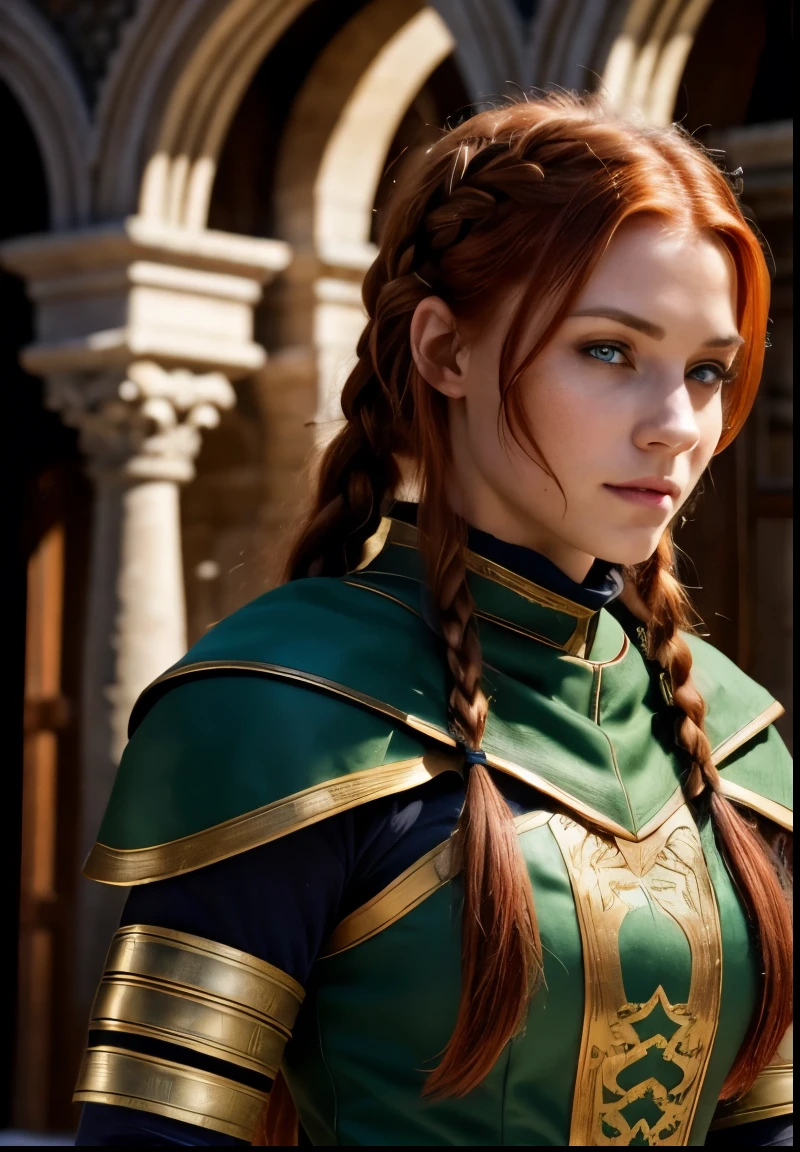 Same woman, fix eyes, zoom out frame, 8k resolution, smirk, pull camera back, zoom out, wearing a padded arming doublet, masterpiece, best quality, 8k, background in focus, detailed texture, detailed cloth texture, beautiful detailed face, determined expression, intricate details, ultra detailed, a european woman, green eyes, red auburn hair in a french braid, 3D character, Medieval, no helmet, 1 woman, Medieval woman with a braid, full body view a female warrior, medieval female warrior, very beautiful warrior woman, female character with a determined look and smirk, female warrior, fantasy character, very beautiful woman top model, detailed matte fantasy, beautiful female warrior, full body view
