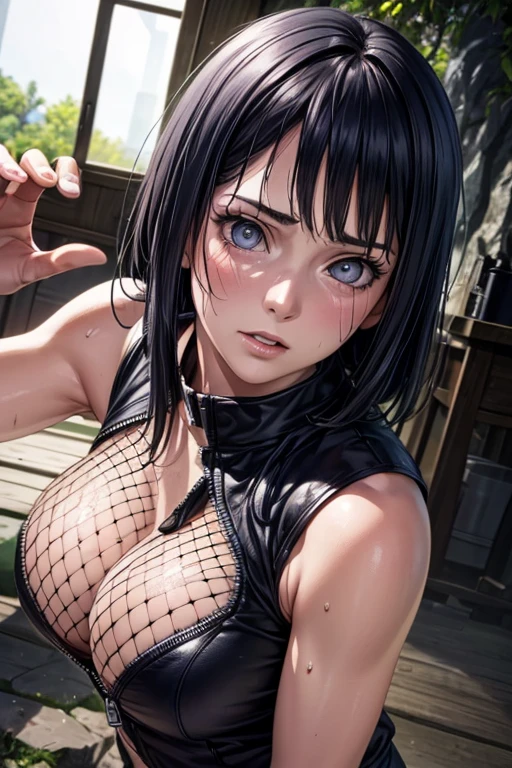 (Highest quality,4K,8K,High resolution,masterpiece:1.2),Very detailed,(Realistic,photoRealistic,photo-Realistic:1.37),Beautiful woman, Hyuuga Hinata,Healthy Body,
Beautifully detailed sweat glands,Smooth skin texture,Carefully drawn,

(Sleeveless shirt, Fishnet top, Unzipped jacket),  (humidity:1.2), Beautiful Eyes, (Attractive face:1.2), (Beautiful Skin),(Big Breasts),Sticky with sweat,In a dynamic pose,

Naruto's World,indoor,In a dripping cave