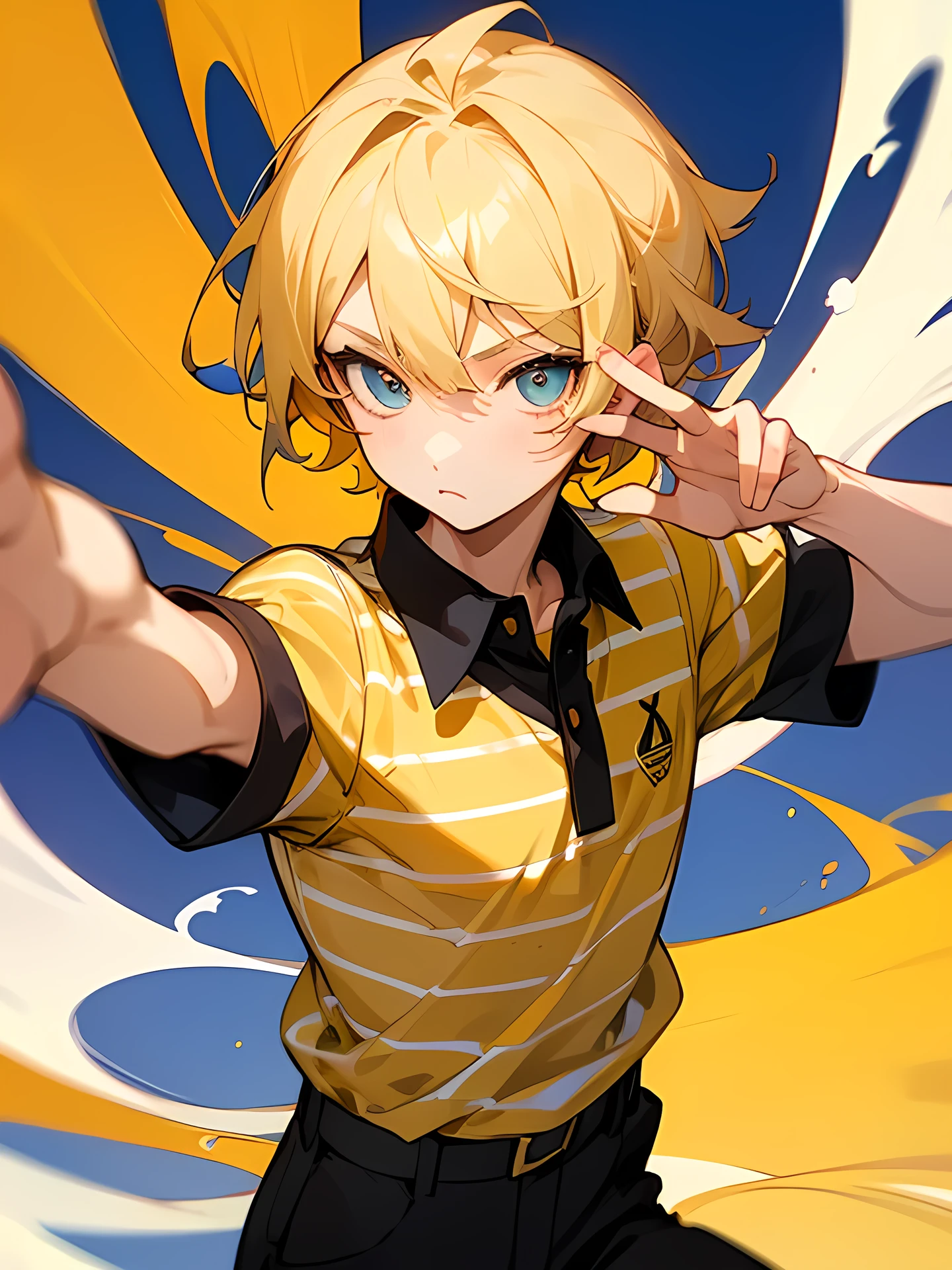 chibi,solo, upperbody,man, blonde wave medium hair, male's eyes, male's nose,(yellow and white striped polo shirt), black pants, cool pose, dancer,