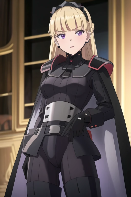 8k,highres,absurdres,masterpiece,best quality,original,extremely detailed CG,extremely detailed wallpaper,perfect lighting,1girl,solo,blurry_background,looking_at_viewer,
AmSW,long hair,blonde hair,black gloves,purple eyes,black hairband,cape,cape wind up,black bodysuit,medium breasts,braid,blunt bangs,