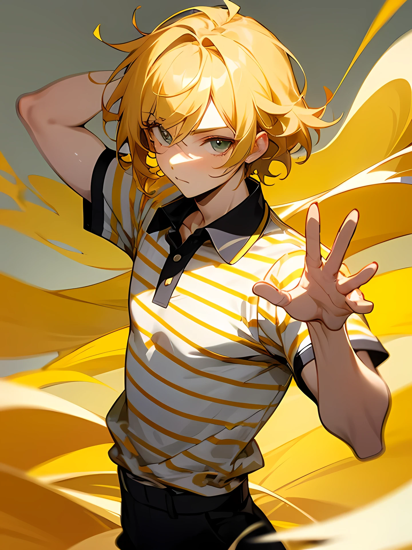 chibi,solo, upperbody,man, blonde wave medium hair, male's eyes, male's nose,(yellow and white striped polo shirt), black pants, cool pose, dancer,