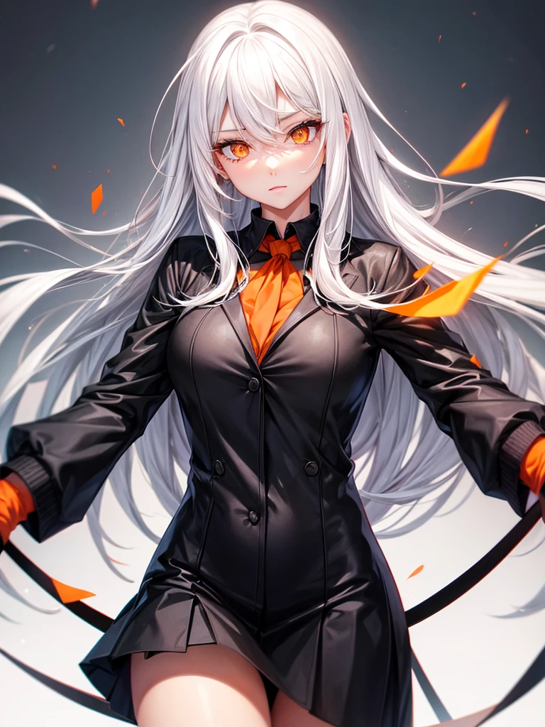Hot woman, white hair, orange eyes, black school clothes