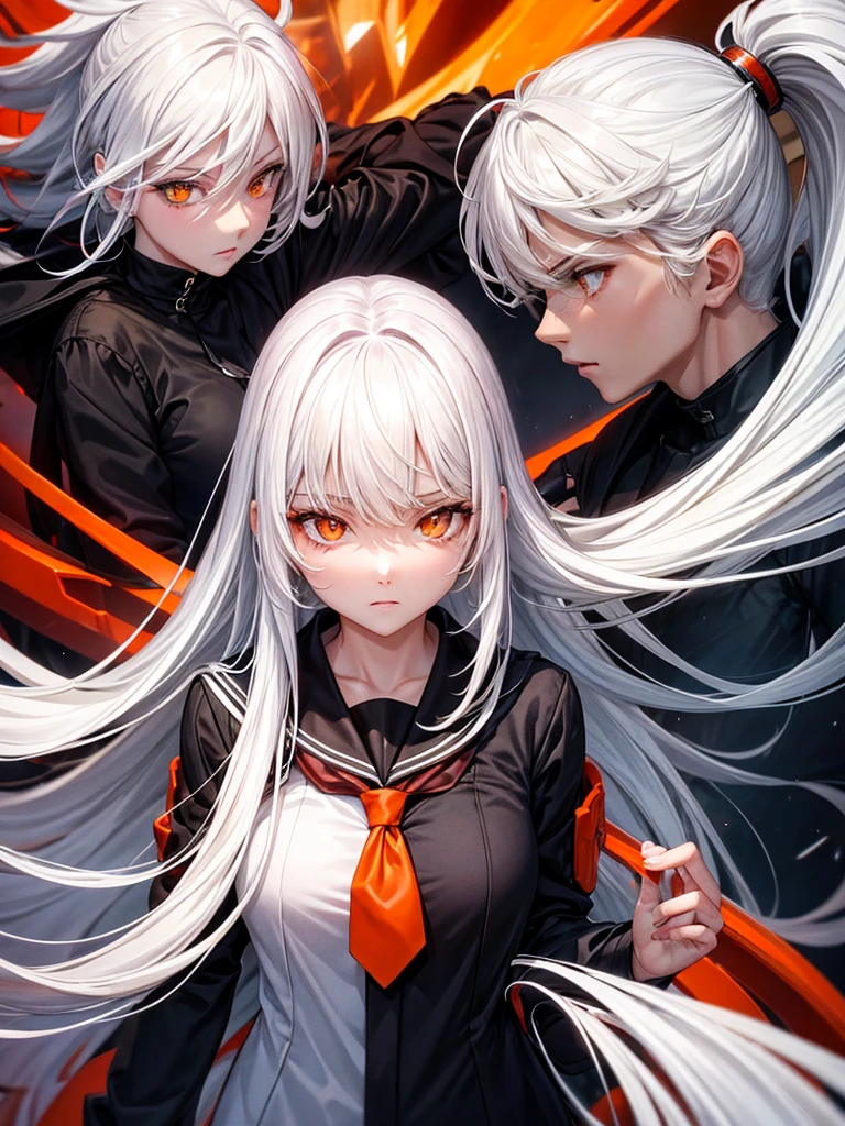 Hot woman, white hair, orange eyes, black school clothes