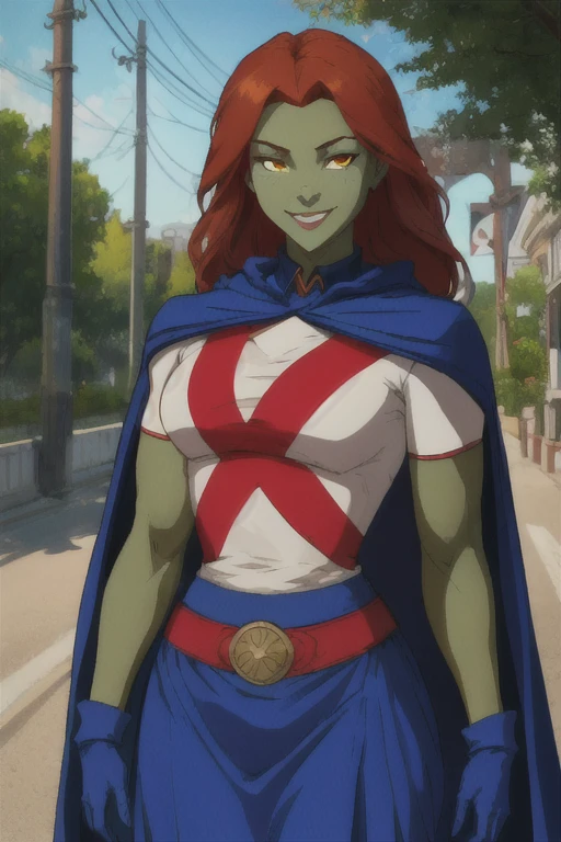 8k,highres,absurdres,masterpiece,best quality,original,extremely detailed CG,extremely detailed wallpaper,perfect, MissMartianYJ, girl1, solo, orange eyes, green skin, hair, White shirt, red X logo, blue gloves, blue cape, long cape, short sleeves, blue skirt, smile. Park