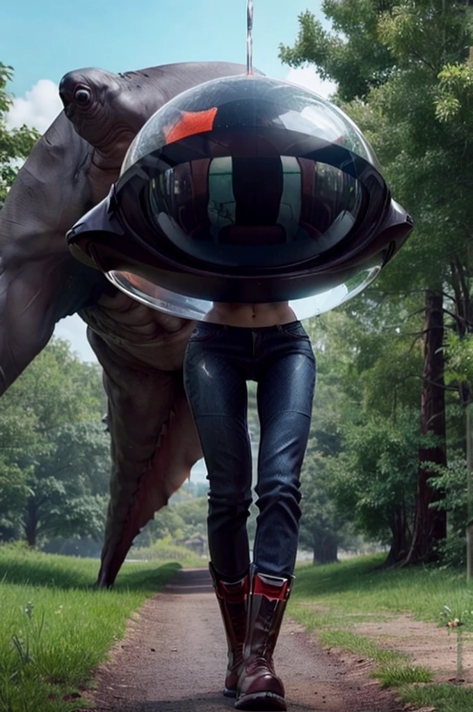 a giant hammerhead alien with a long devil tail wearing a retro spacesuit bubble helmet walking through grass with a flying saucer in the background, masterpiece, best, photo realistic