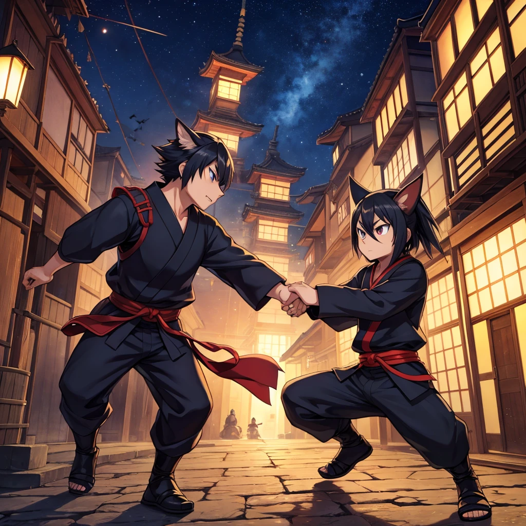 Shinzo, or animated ninja, He was a master of shadows, Known for his agility and incredible abilities. Dressed in black from head to toe, he moved silently through the streets of the ancient Japanese city, always looking for new missions. With your faithful companion, the little crow Kuro, Shinzo uncovered secrets and spied on enemies. He was skilled in the use of shurikens, swords and hand-to-hand combat techniques, always ready to defend your village. In addition to his strength and dexterity, Shinzo possessed a great sense of honor and justice. during daytime, he mingled with the villagers, discreetly helping those in need. at night, he became a living legend, facing samurai and other rival ninjas with courage and strategy. His adventures were full of mysteries and dangers, but Shinzo always prevailed, guided by the spirit of the ancestors and their unshakable determination. Each mission completed strengthens your reputation, making him a figure of admiration and respect among ninjas throughout Japan.