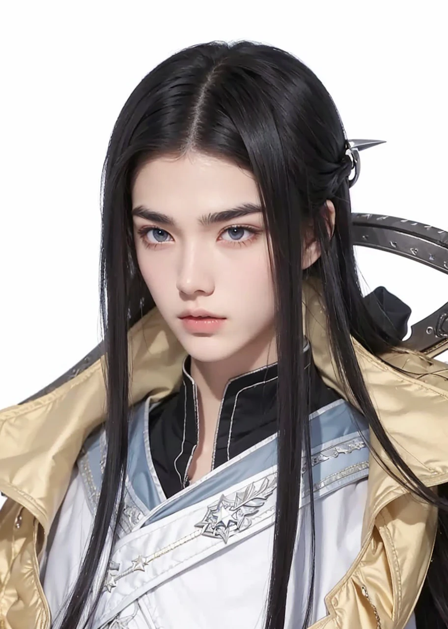 Boys，23 years old，Black long hair，Sword-like eyebrows and star-like eyes，Cold and distant