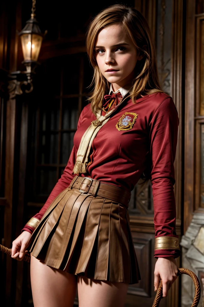 Emma watson, gryffindor uniform, holding bdsm whip, top unbuttoned