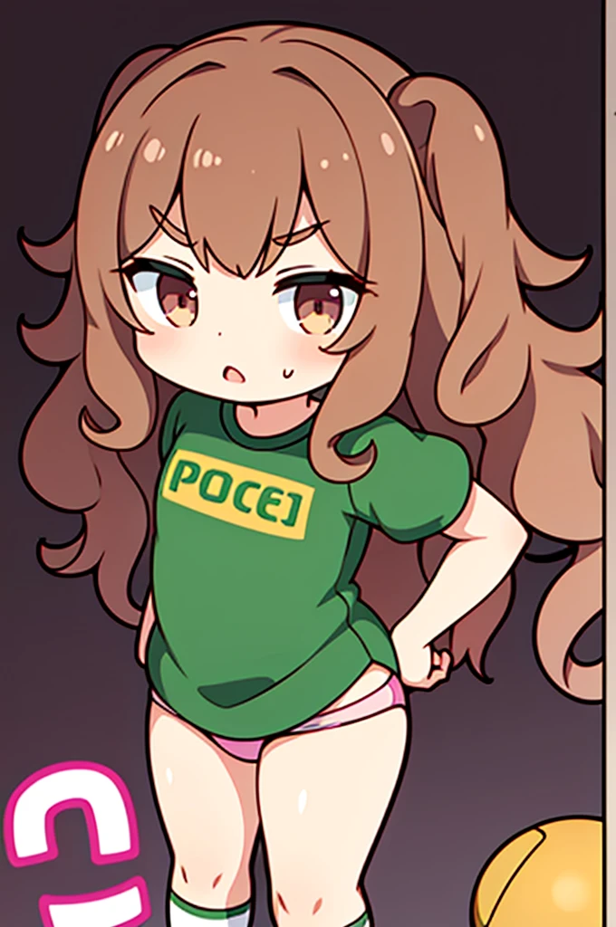 18 year old girl, large eyes, big eyelashes, thin eyebrows, half full cheeks, thick lips, curly brown hair, Brazilian football shirt with the number 10 dorsal, showing the ass, pink panties, long white socks
