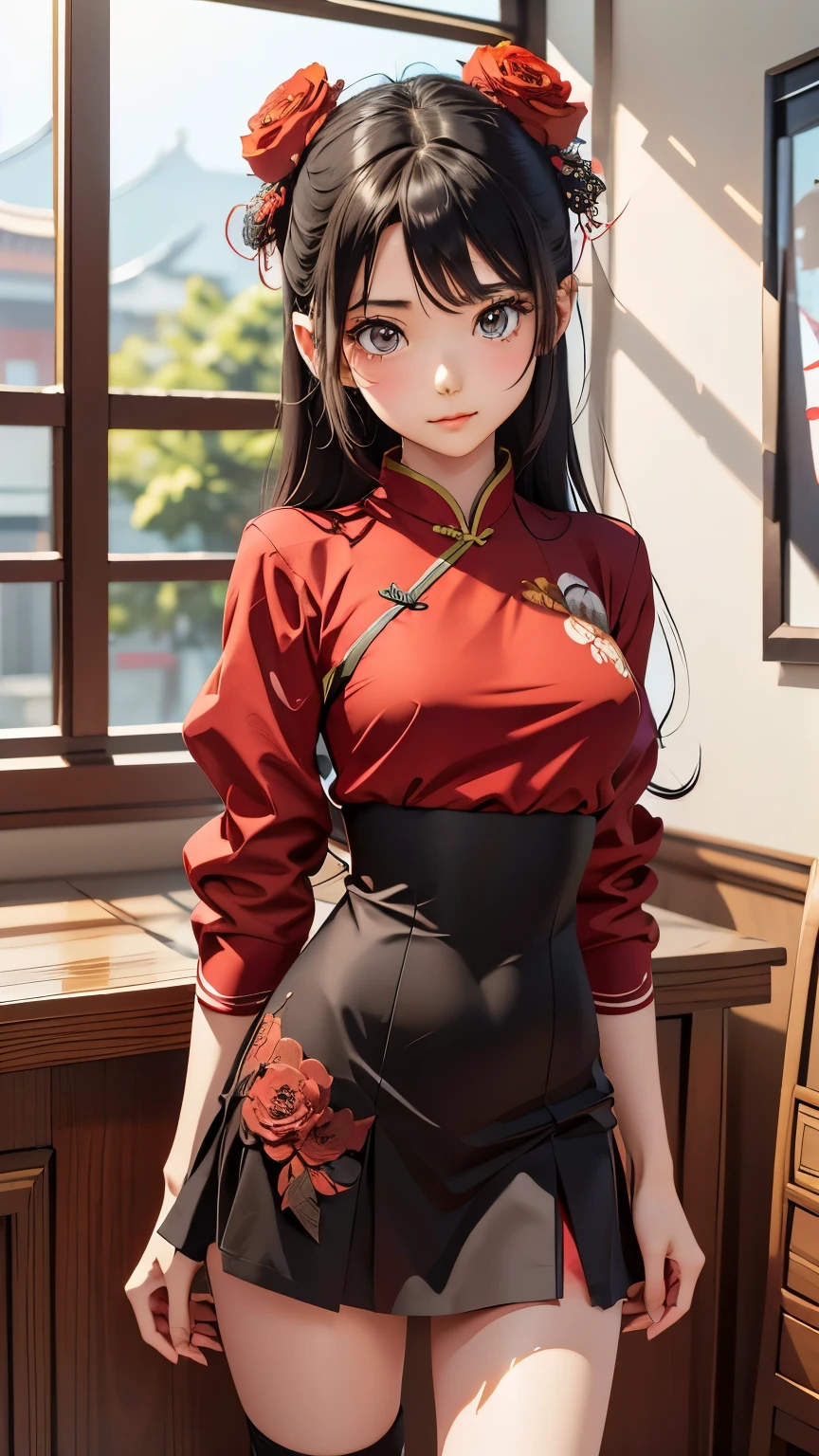 Anime girl in a red and black dress with a red flower in her hair, artwork in the style of Gwaiz, Gwaiz, Chinese Girl, Trending on cgstation, Cute anime waifu in a nice dress, Gwaiz on pixiv artstation, palace ， Girl in Hanfu, Beautiful digital art, Gwaiz on artstation pixiv